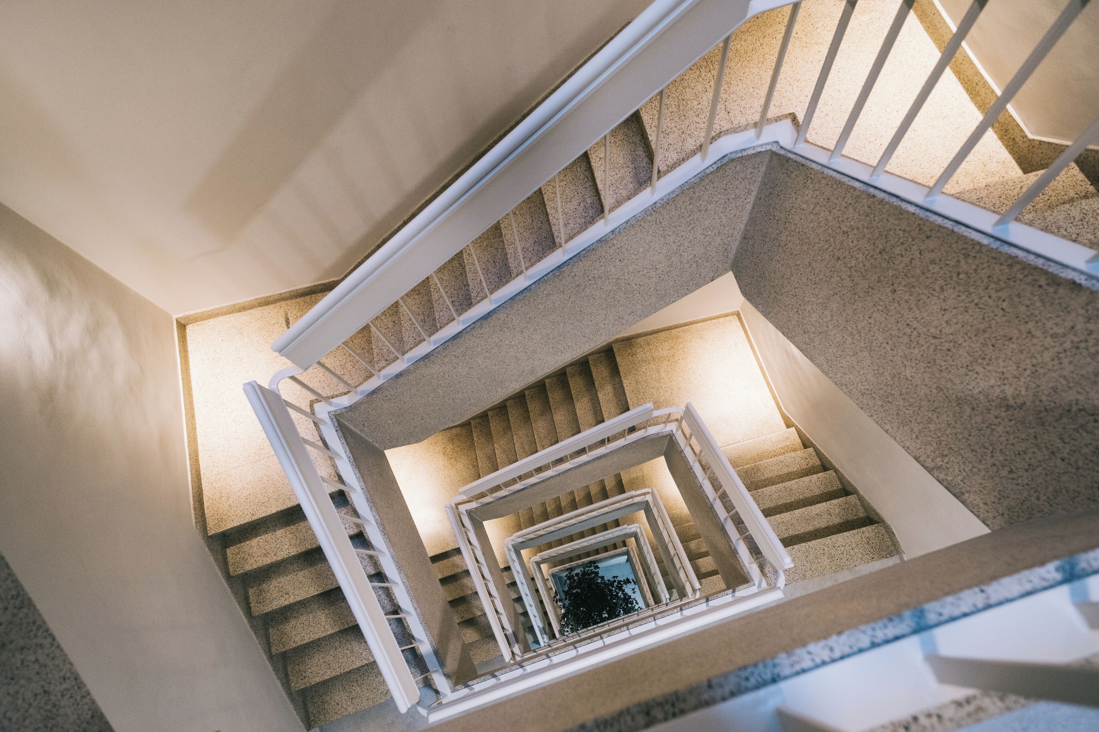 Un escalier en colimaçon avec des rampes blanches et un revêtement de sol en moquette.