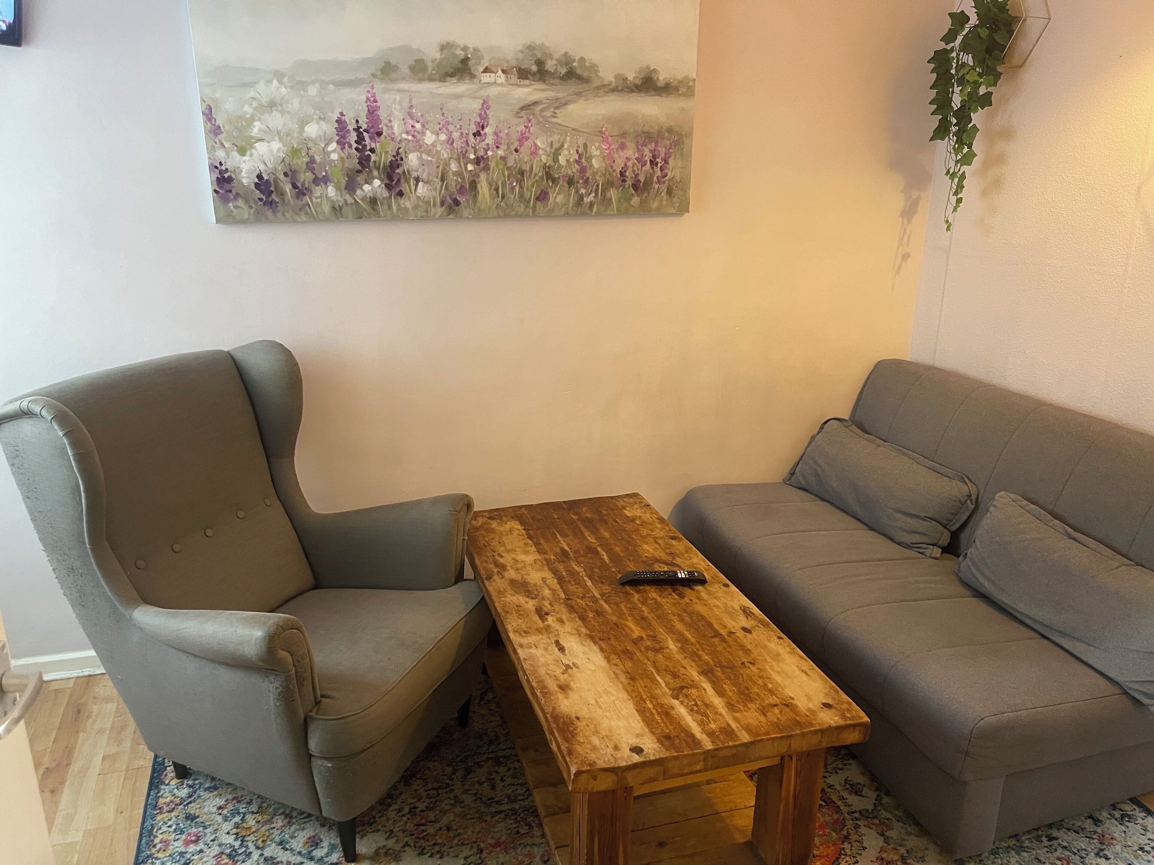 A room with a grey armchair, a grey sofa, and a wooden coffee table with a remote control on it.