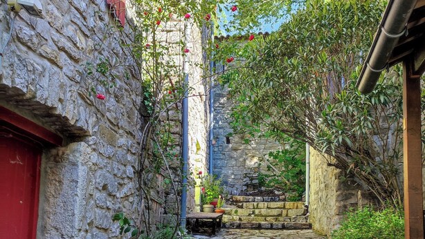 Una estrecha escalera de piedra que lleva a un edificio con una puerta roja.