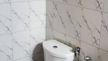 Hair dryer, towels, soap, toilet paper