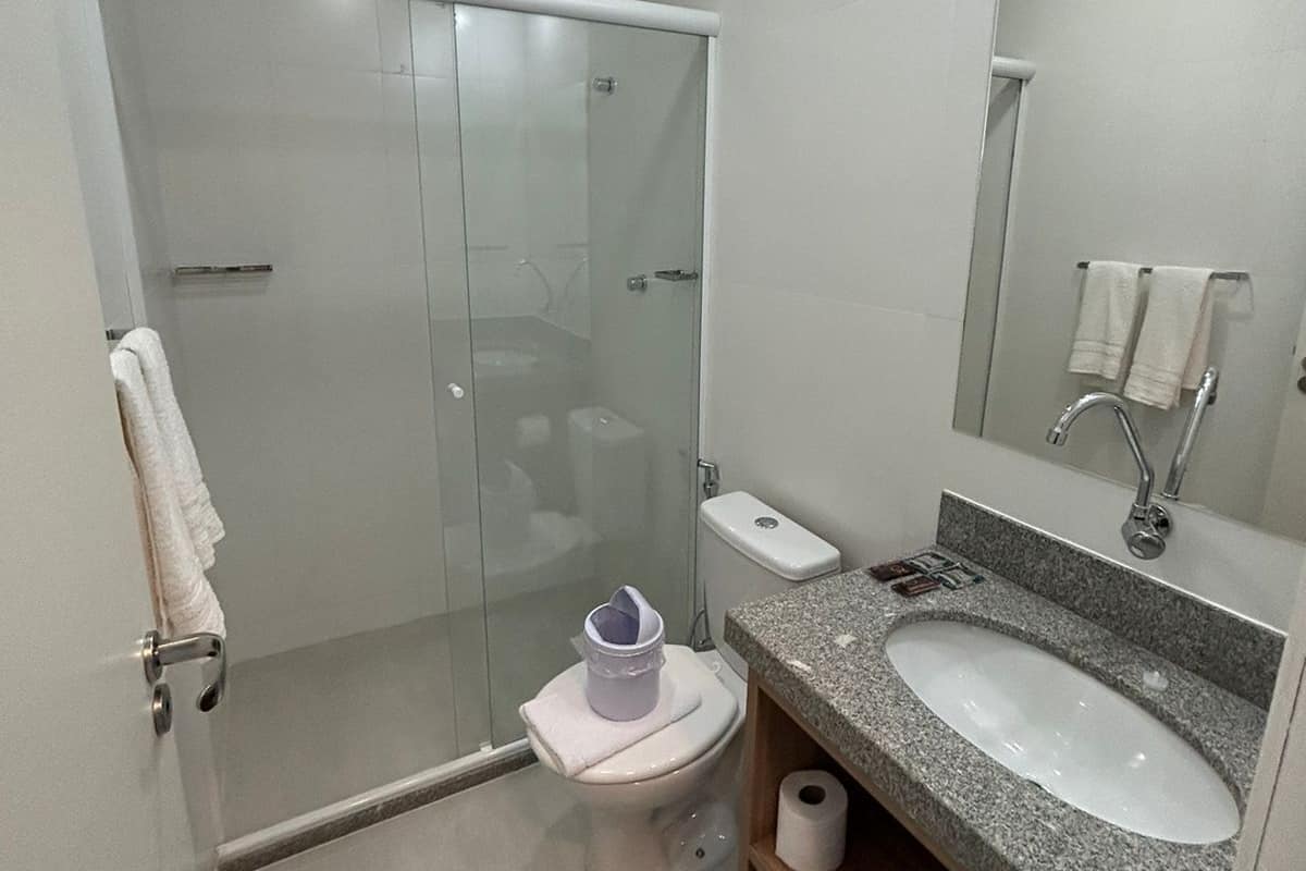 A modern bathroom with a glass-enclosed shower, a white toilet, a granite sink, and a mirror above the sink.