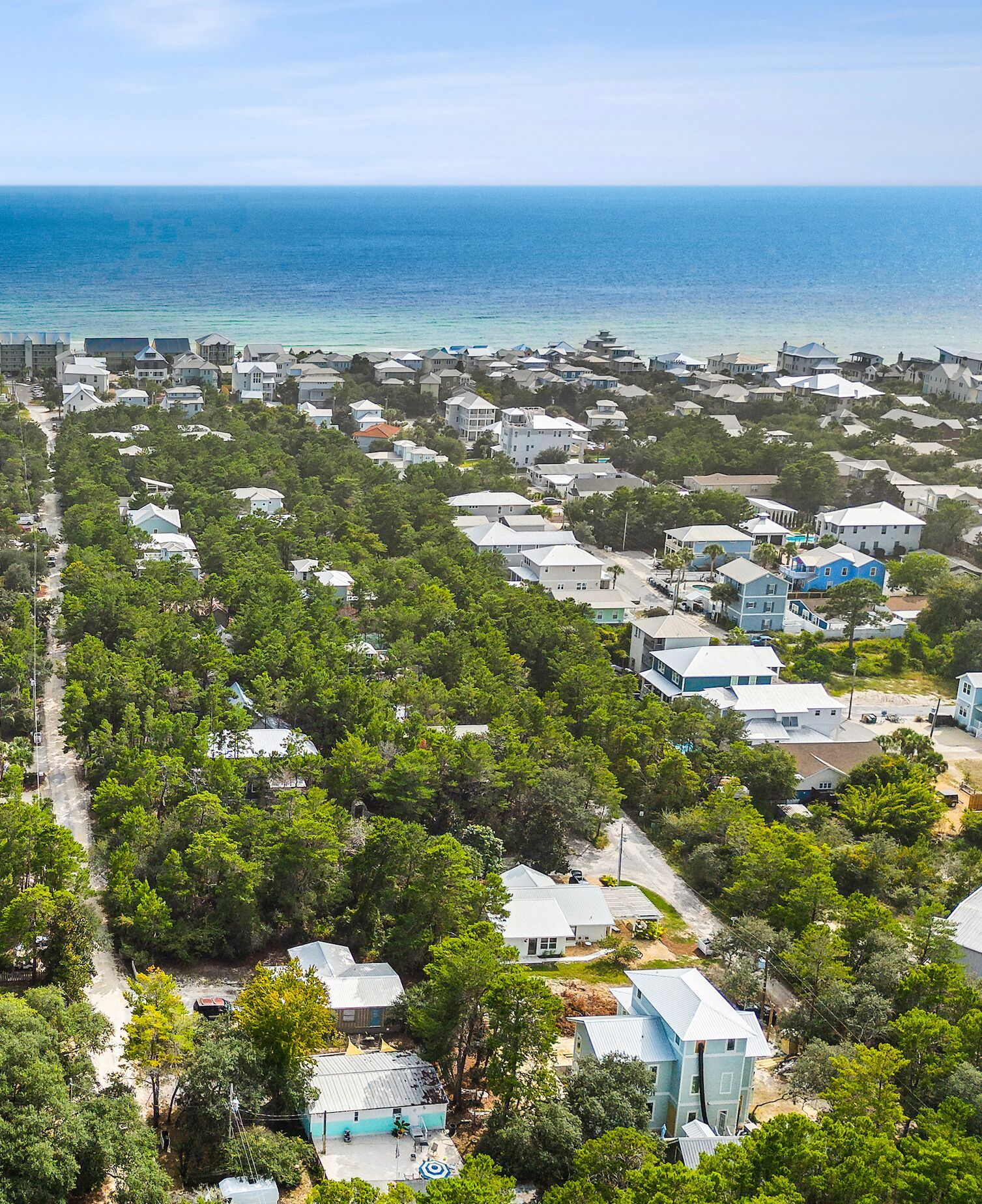 An aerial view of a coastal residential area with houses surrounded by dense greenery, a clear blue sky, and the ocean in the background.