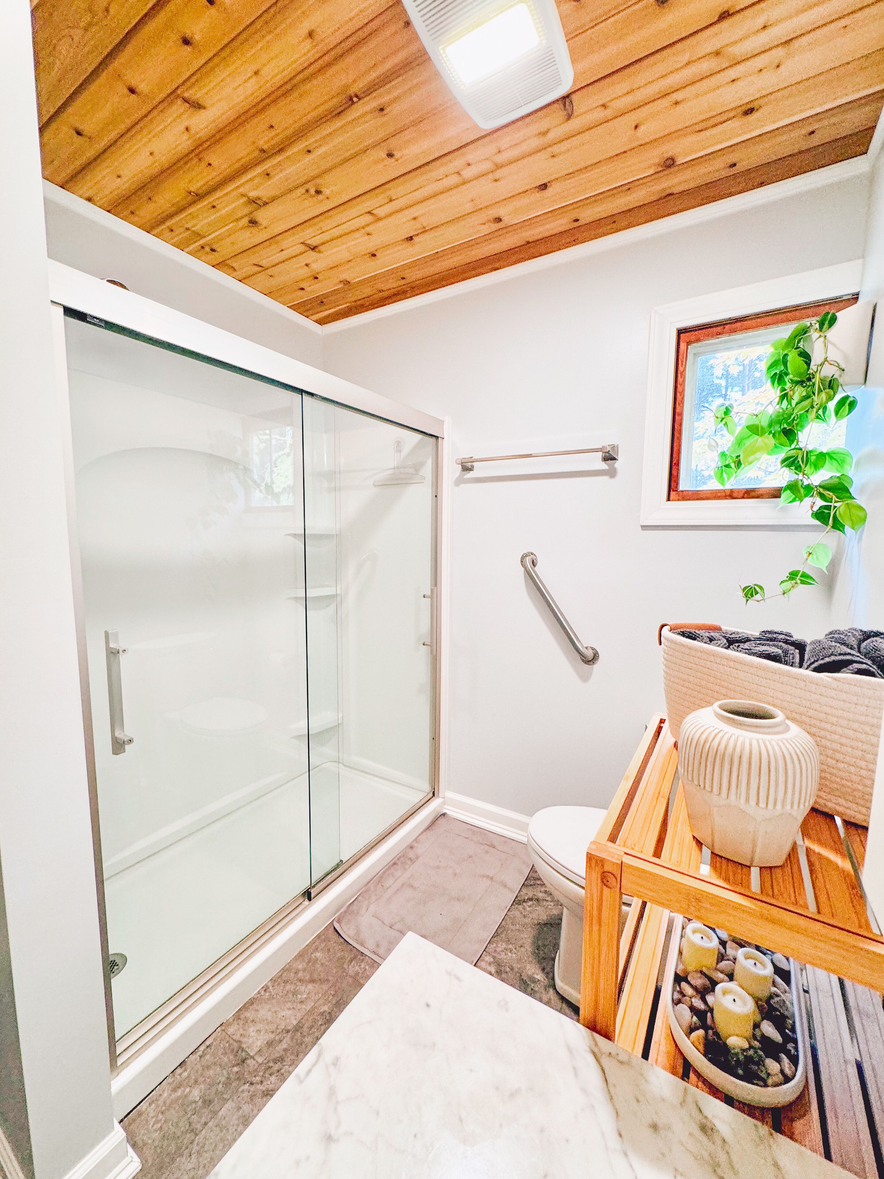 Shower, jetted tub, hair dryer, towels