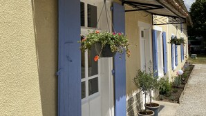 Een gebouw met blauwe luiken, een bloembak en potplanten.