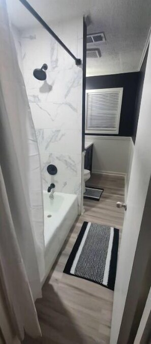 Hair dryer, towels, soap, shampoo