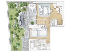 A floor plan of a hotel with a garden area, a dining area, a kitchen, and two bedrooms.