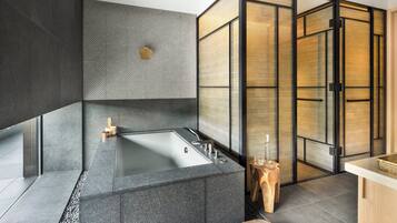 Combined shower/tub, eco-friendly toiletries, hair dryer, bathrobes