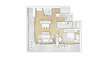 Plano de planta de una habitación de hotel con cama, escritorio, silla, mesita y baño.