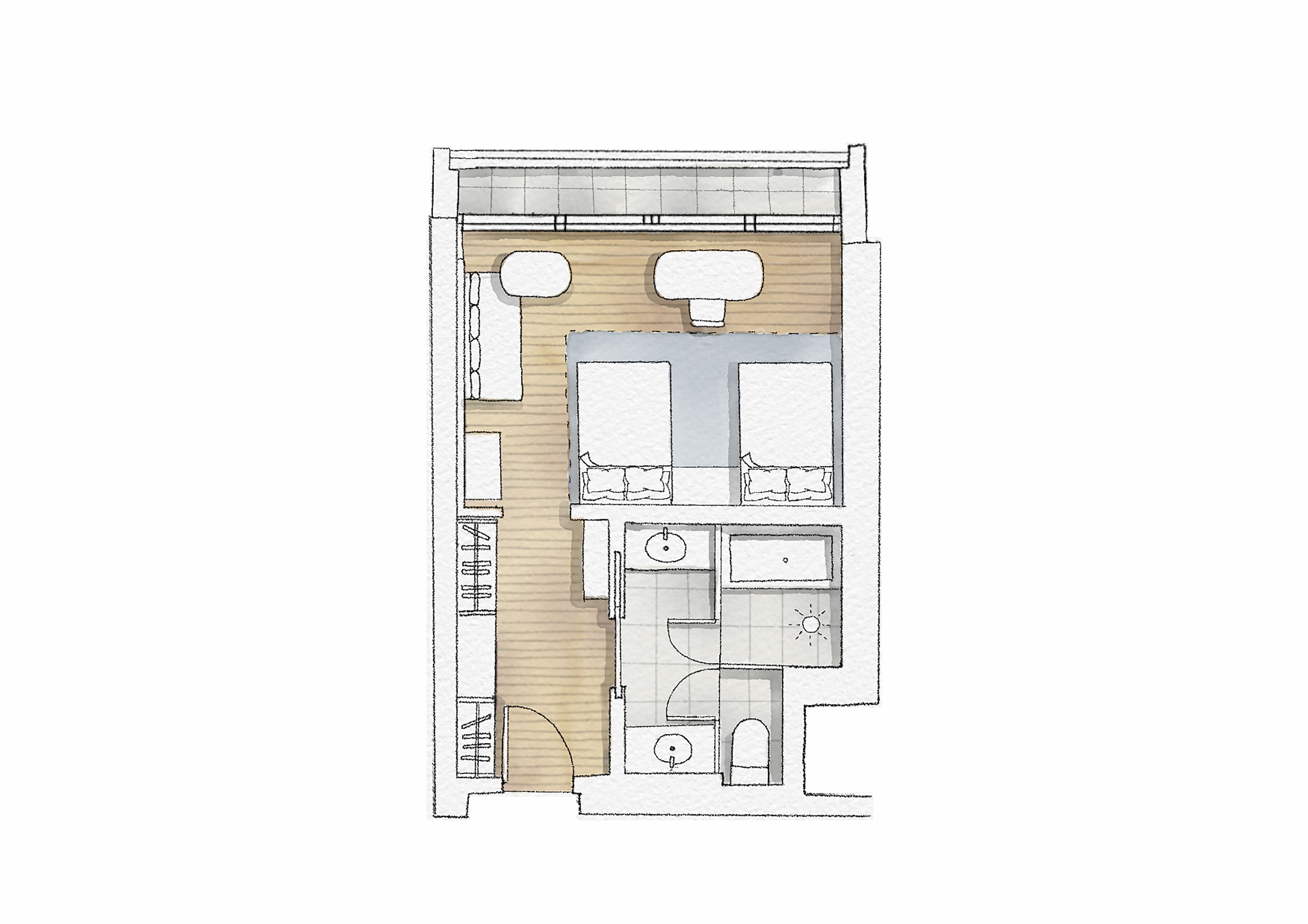 A floor plan of a hotel room with a wooden floor, a large bed, a desk, a chair, a wardrobe, a bathroom with a toilet and sink, and a small balcony.