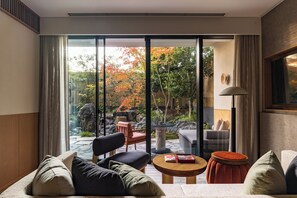 Premier Suite, 2 Double Beds, Garden View | Living area | 55-inch LCD TV with satellite channels - Six Senses Kyoto (Kyoto)