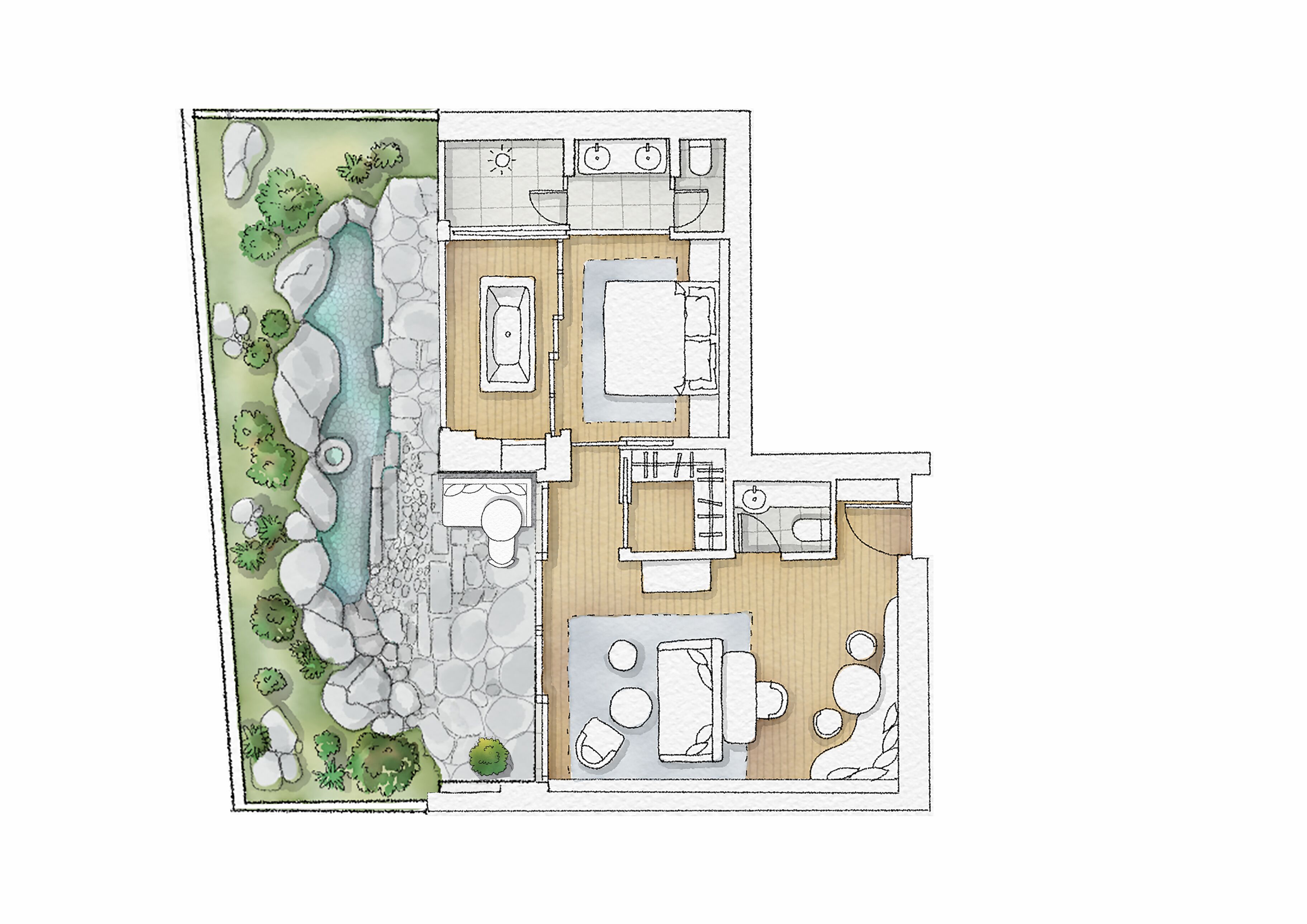 A floor plan of a house with a swimming pool, a kitchen, a bathroom, and a living area.
