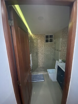 Hair dryer, towels, soap, toilet paper