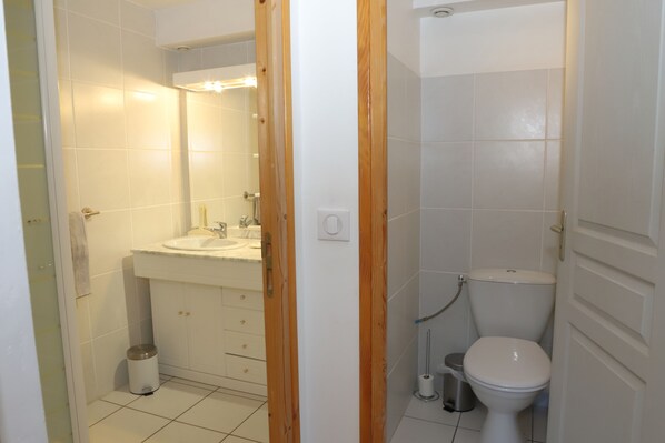 Een badkamer met een wastafel, spiegel, toilet en prullenbak.
