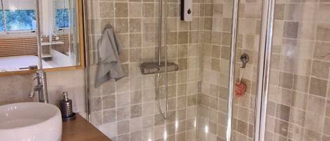 Shower, hair dryer, towels, soap