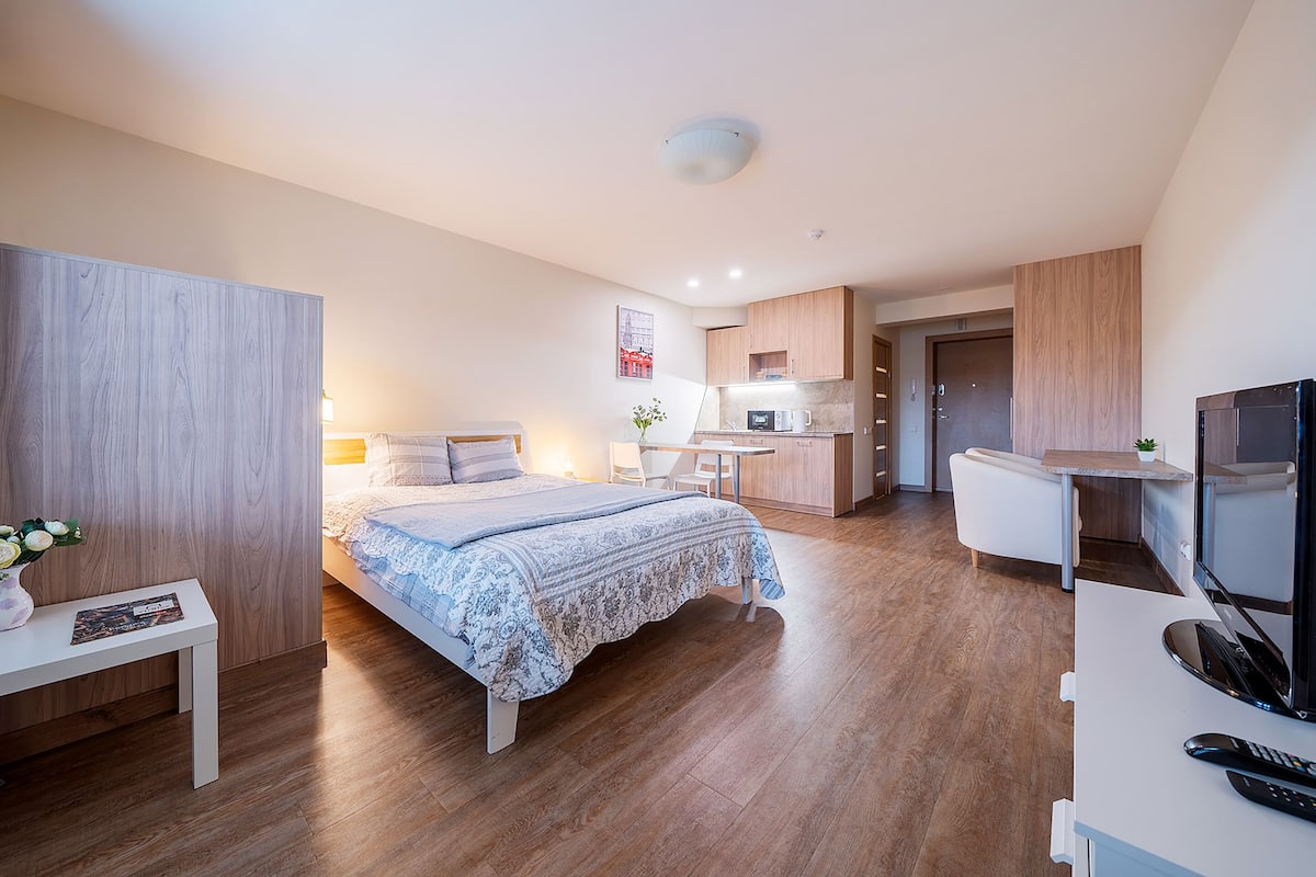 Ein modernes Hotelzimmer mit Bett, Schreibtisch, Fernseher und einer Küchenzeile.