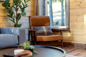Une pièce chaleureuse avec un fauteuil en cuir, un canapé gris et une petite table sur laquelle est posée une plante.
