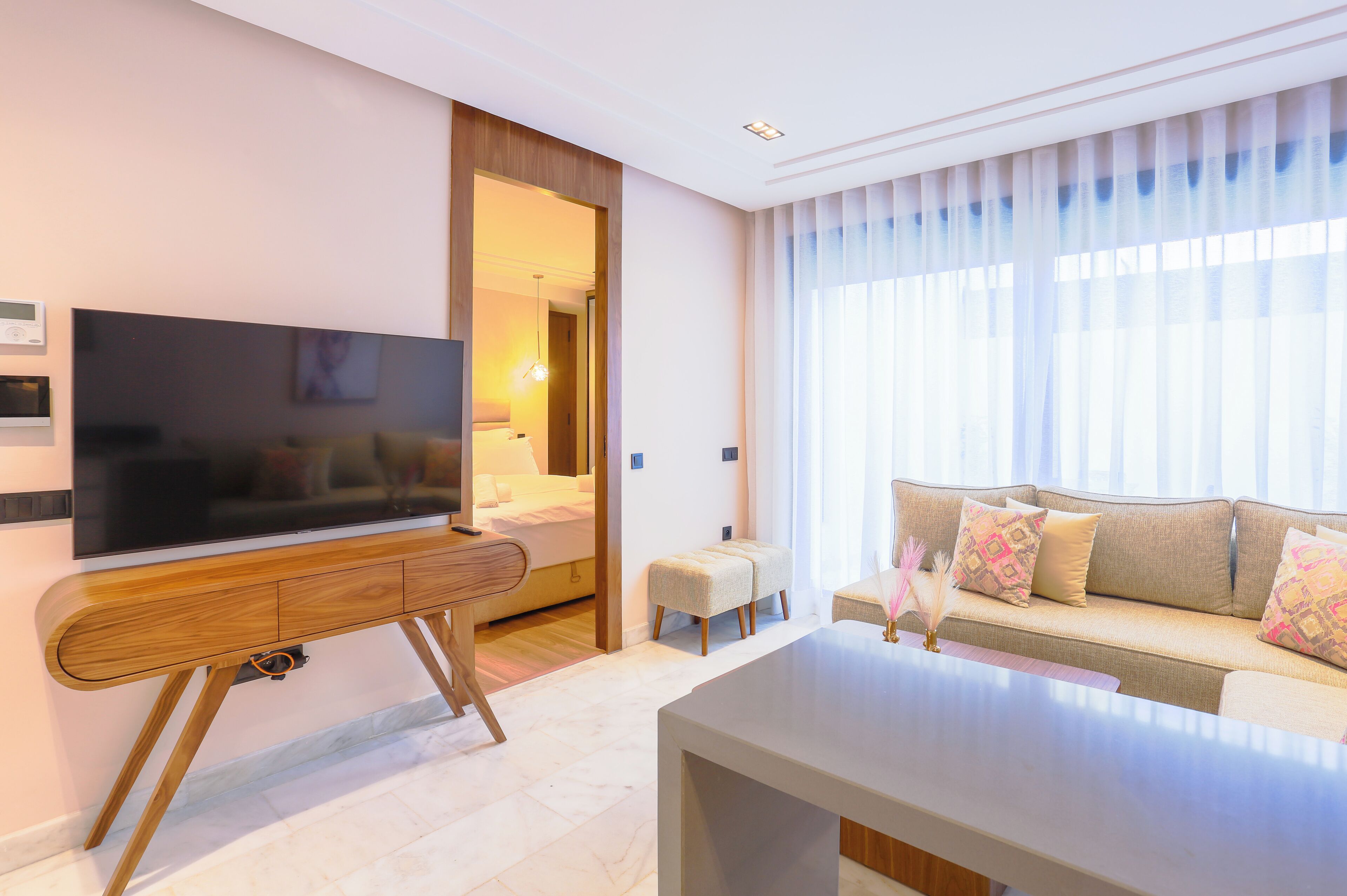 Superior Apartment, 1 Queen Bed | Living area | 50-inch flat-screen TV with satellite channels, TV, pay movies