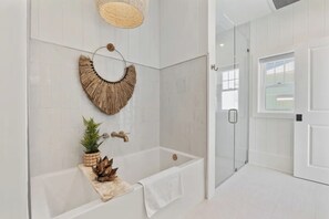 Shower, eco-friendly toiletries, hair dryer, towels