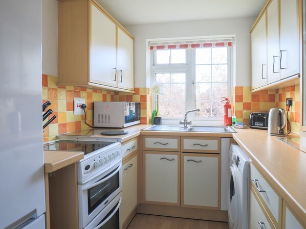 Une cuisine compacte équipée d’un four à micro-ondes, d’une cuisinière, d’un évier et d’un lave-linge.