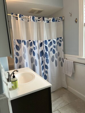 Douche, sèche-cheveux, serviettes fournies, savon