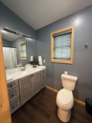 A bathroom with a toilet, sink, and mirror.