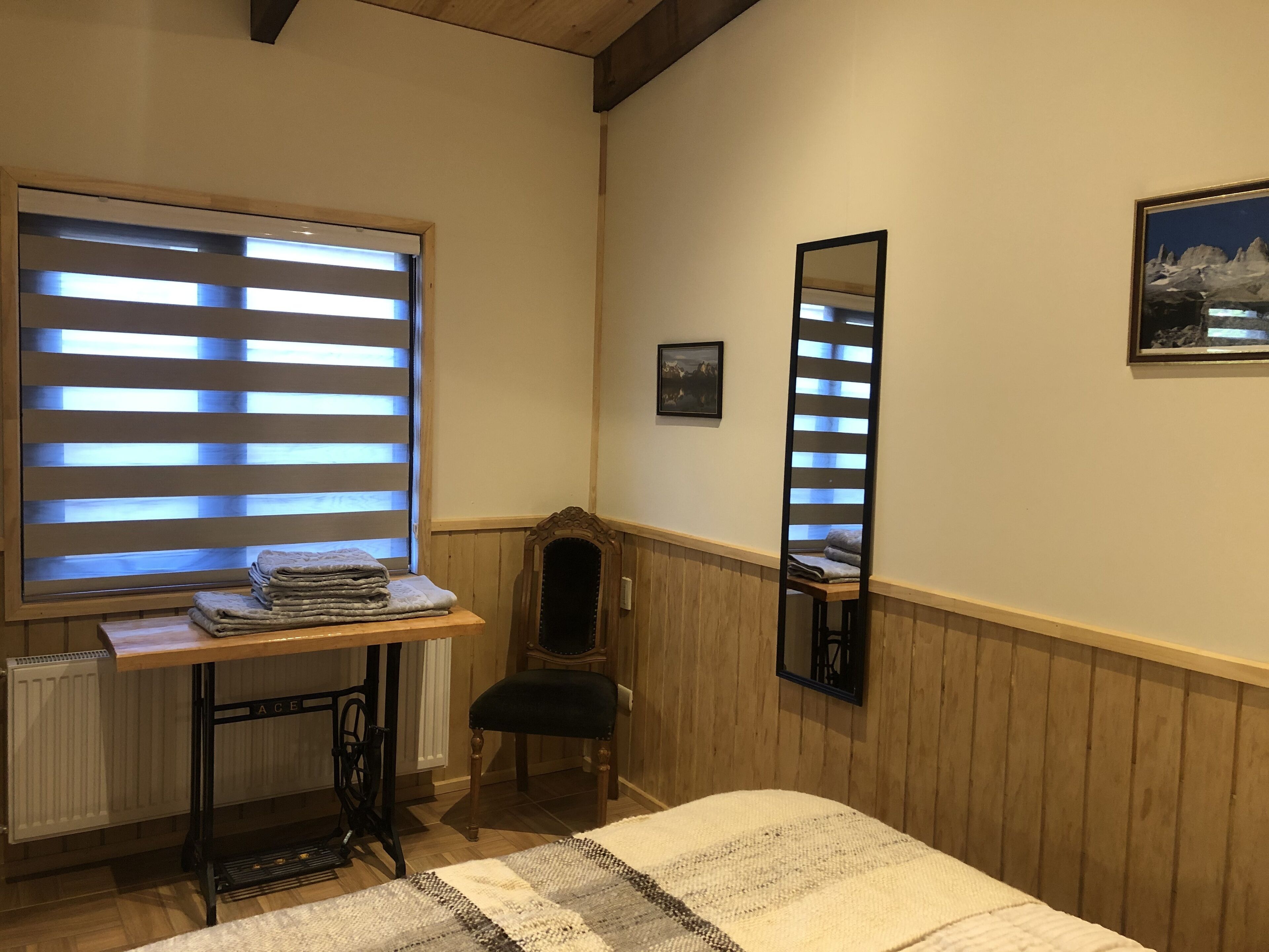 A room with a bed, a radiator, a sewing machine, a window with blinds, a chair, a mirror, and a framed picture on the wall.