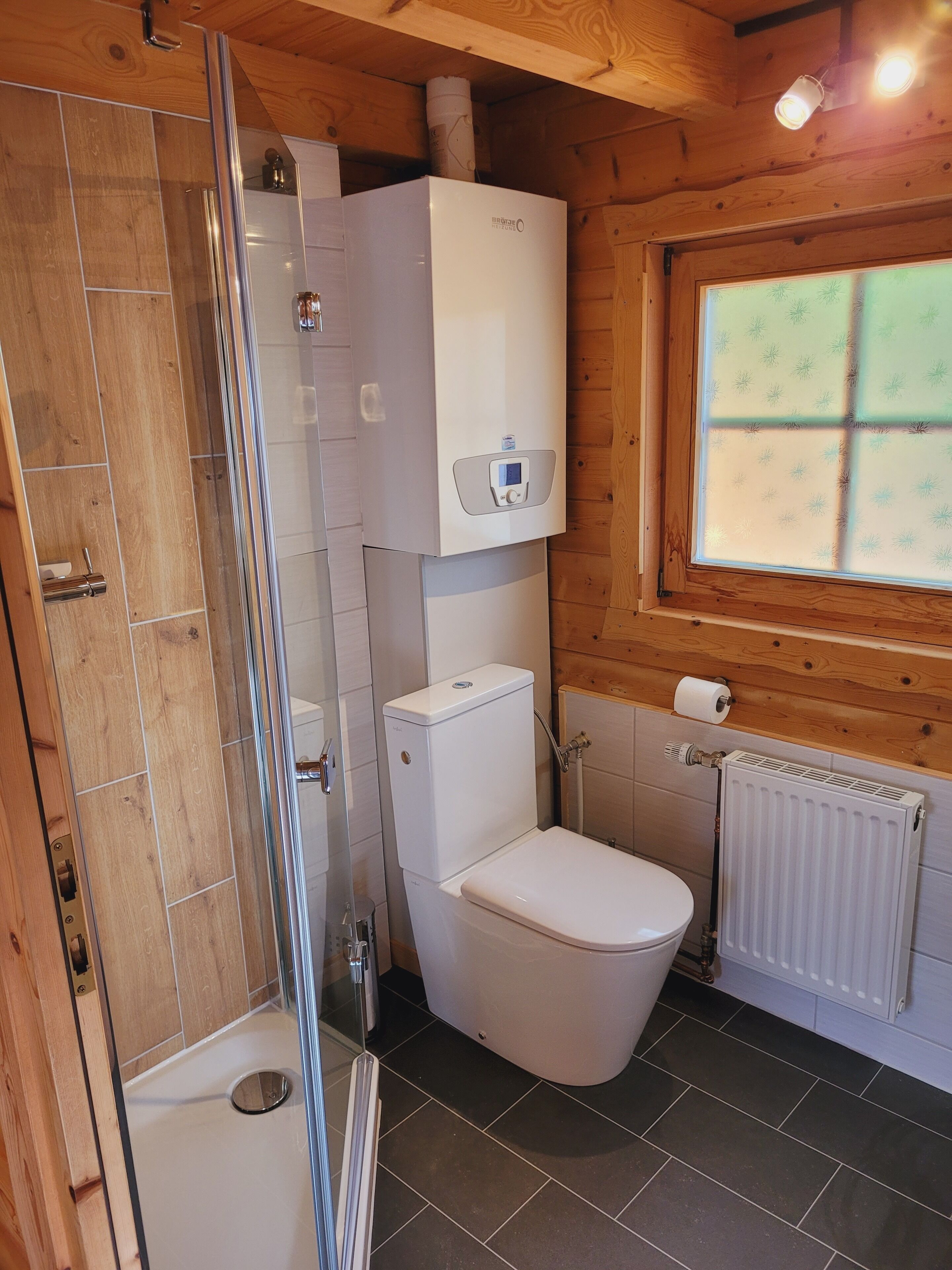 Ein Badezimmer mit Dusche, Toilette und Handtuchheizung.
