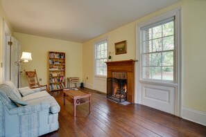 Fireplace, books