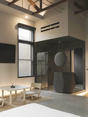 Shower, rainfall showerhead, hair dryer, towels