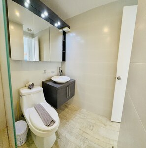 Shower, hair dryer, towels, toilet paper