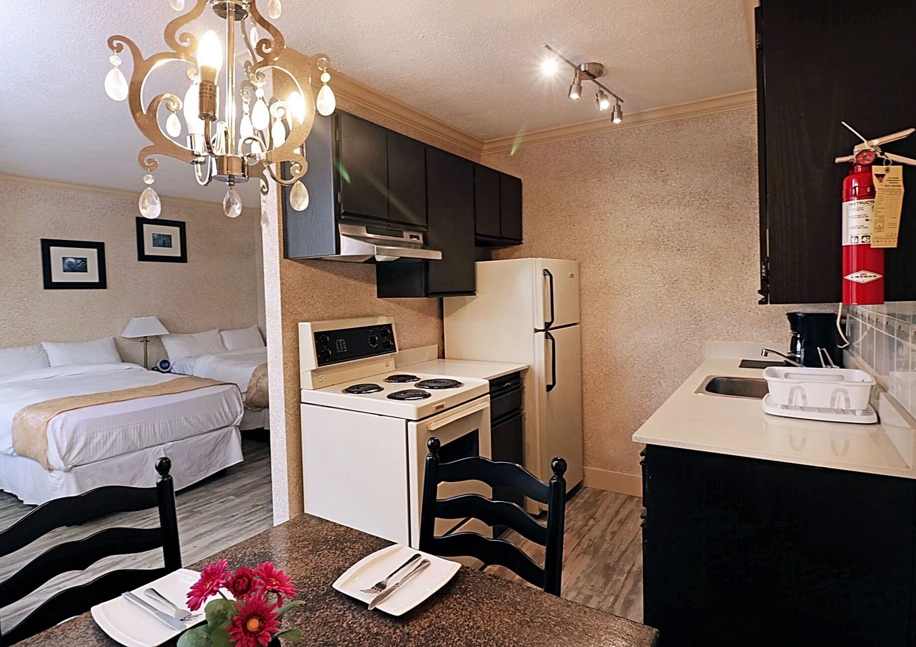 Een koelkast, een magnetron, een oven, een kookplaat