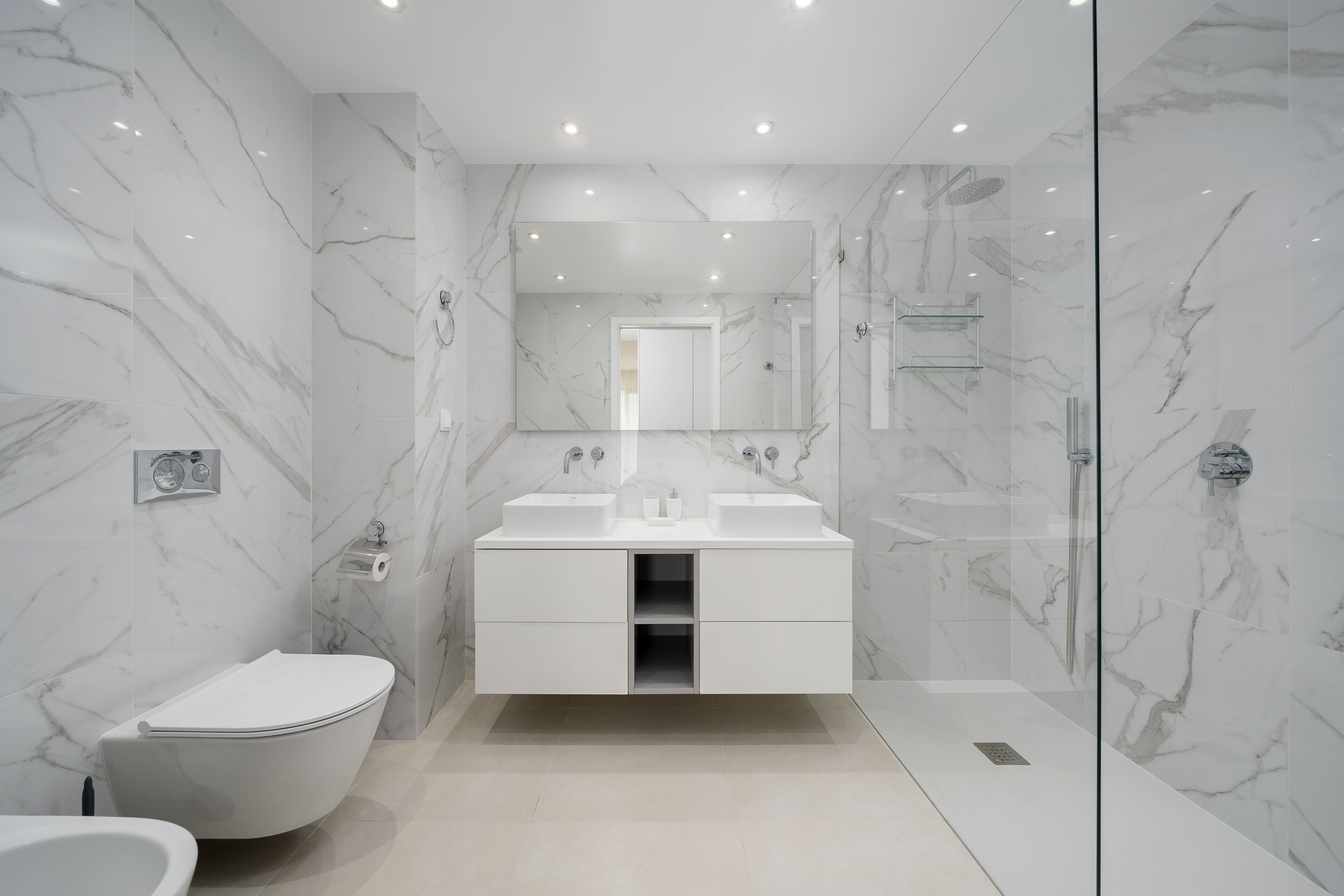 Shower, hair dryer, bidet, towels