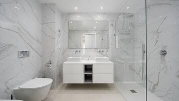 Shower, hair dryer, bidet, towels