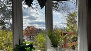 A window with a view of trees and a wooden structure outside.