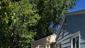 A narrow concrete pathway leading to a small house with a door and windows.