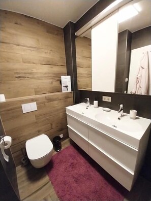 Hair dryer, bidet, towels, toilet paper
