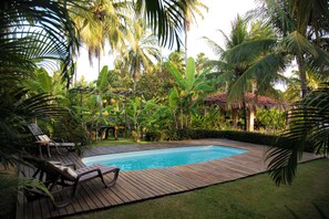 Outdoor pool, pool umbrellas, pool loungers