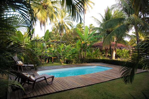 حمّام سباحة خارجي، مظلات على حمّام السباحة، مقاعد للتشمس