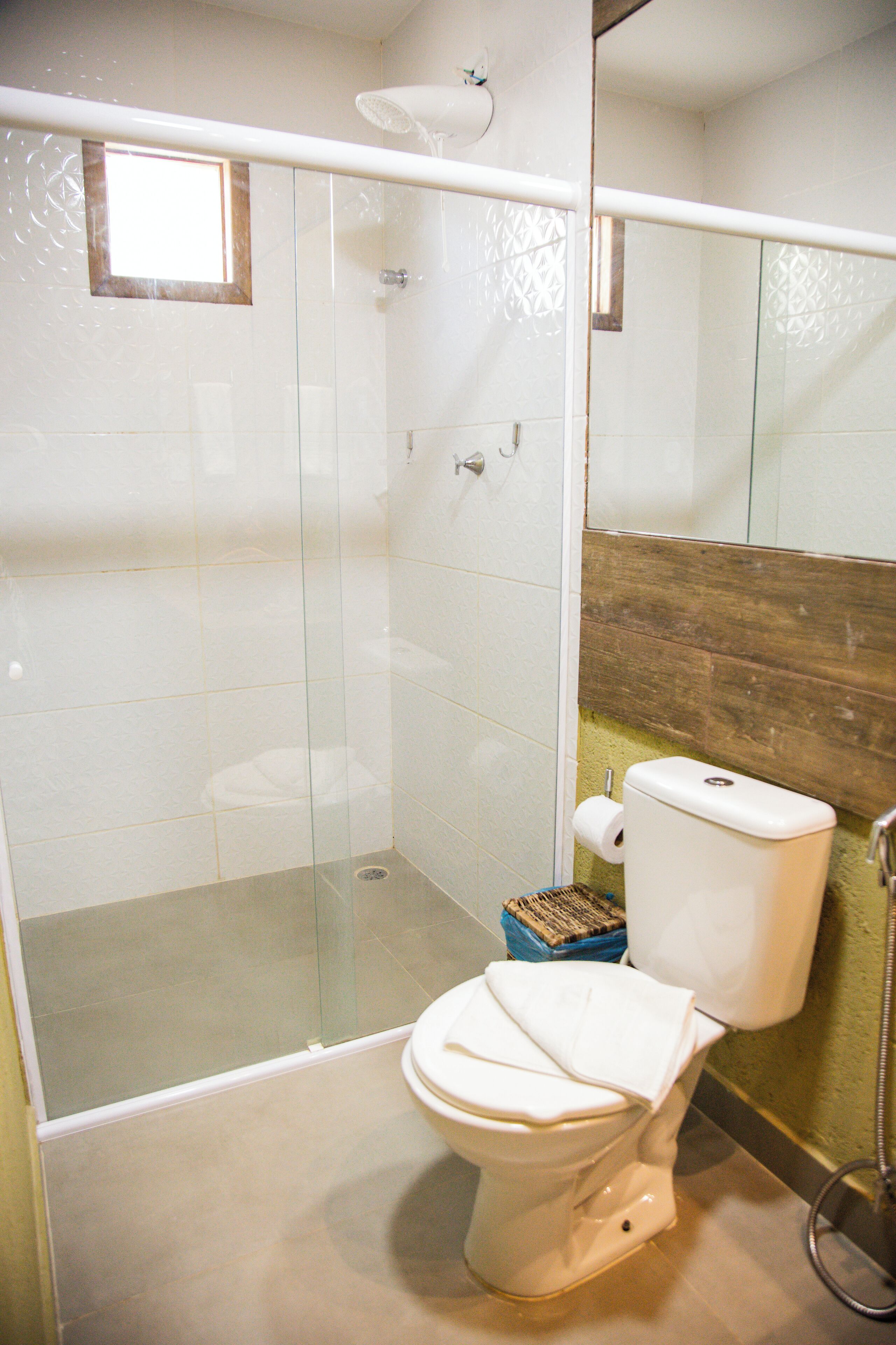 A bathroom with a glass-enclosed shower, a toilet, and a wooden vanity.