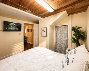 A bedroom with a bed, a TV displaying a logo, a door, and a plant.