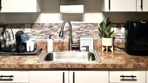 A kitchen with white cabinets, a granite countertop, a sink, a coffee maker, and a potted plant. - Entire One Bedroom Condo with Private Roofdeck (Boston)