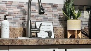 A kitchen with a modern faucet, a potted plant, a conversion chart, and a countertop with a bottle of hand soap. - Entire One Bedroom Condo with Private Roofdeck (Boston)