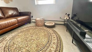 A living room with a brown leather sofa, a patterned rug, a TV stand with a flat-screen TV, a dog bed, and a small dog statue. - Entire One Bedroom Condo with Private Roofdeck (Boston)