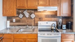 A kitchen with wooden cabinets, a stainless steel sink, a stove, and a kettle. - Simple Modern Elegance with Hudson Valley Mountains backdrop, 3rd Fl (Newburgh)