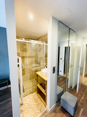 Secadora de cabello, bidet, toallas, papel de baño 