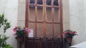 A window with a wooden frame, a metal balcony railing, and potted plants with pink flowers. - Hotel del callejón Morelia (Morelia)