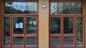 En bygningseingang med store glasdøre og et skilt over, der viser "PINTOR COROJA".