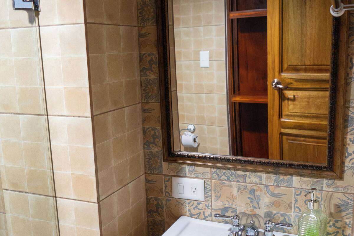 A bathroom with a shower, a sink, and a mirror.
