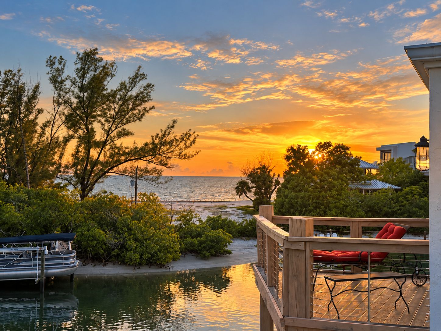 Een zonsondergang vanaf een balkon met uitzicht op een jachthaven, met boten, een houten terras en een eethoek met tuinmeubilair.