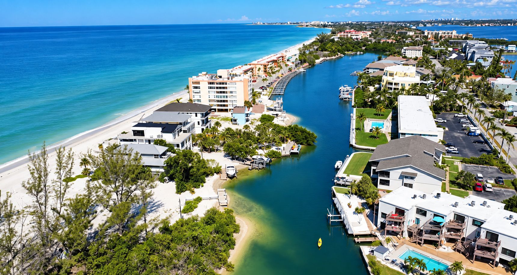A coastal residential area with a marina, beachfront properties, and a clear view of the ocean.